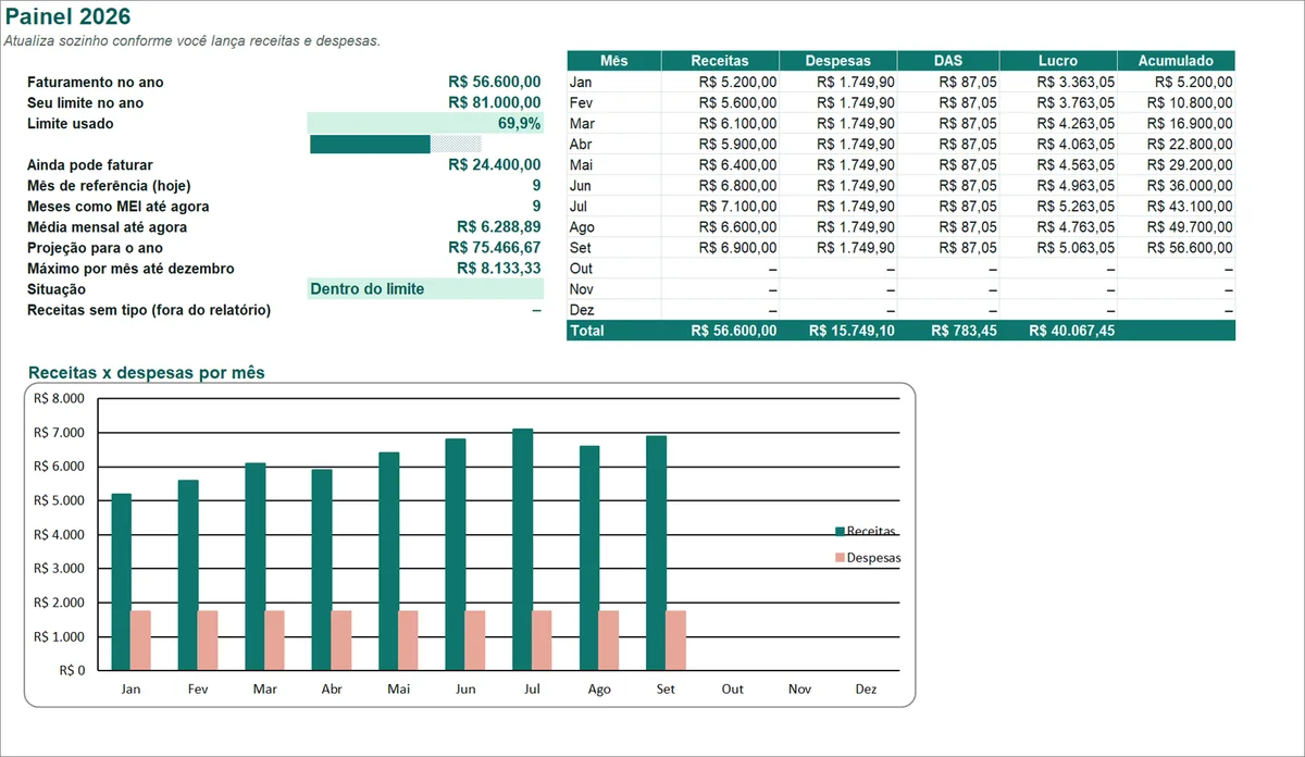 Painel da planilha com faturamento do ano, barra do limite e gráfico de receitas e despesas